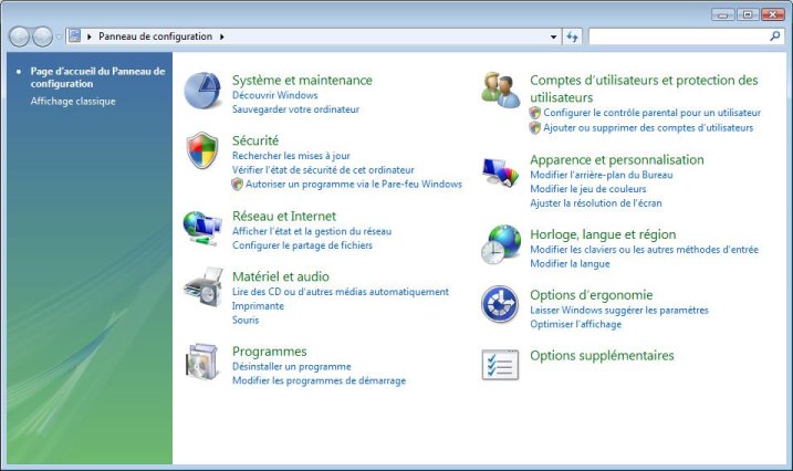 panneau de configuration sous Windows Vista